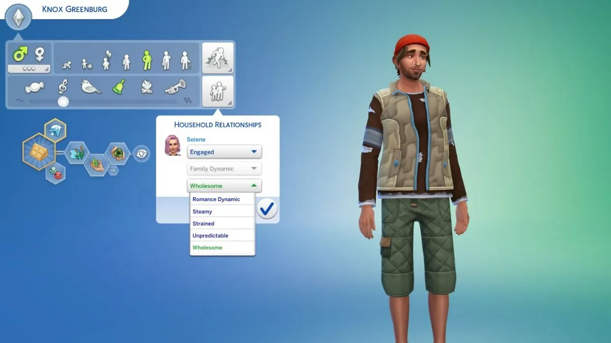 Screenshot of the Household Management panel in The Sims 4, showing How to Edit Romance Dynamic