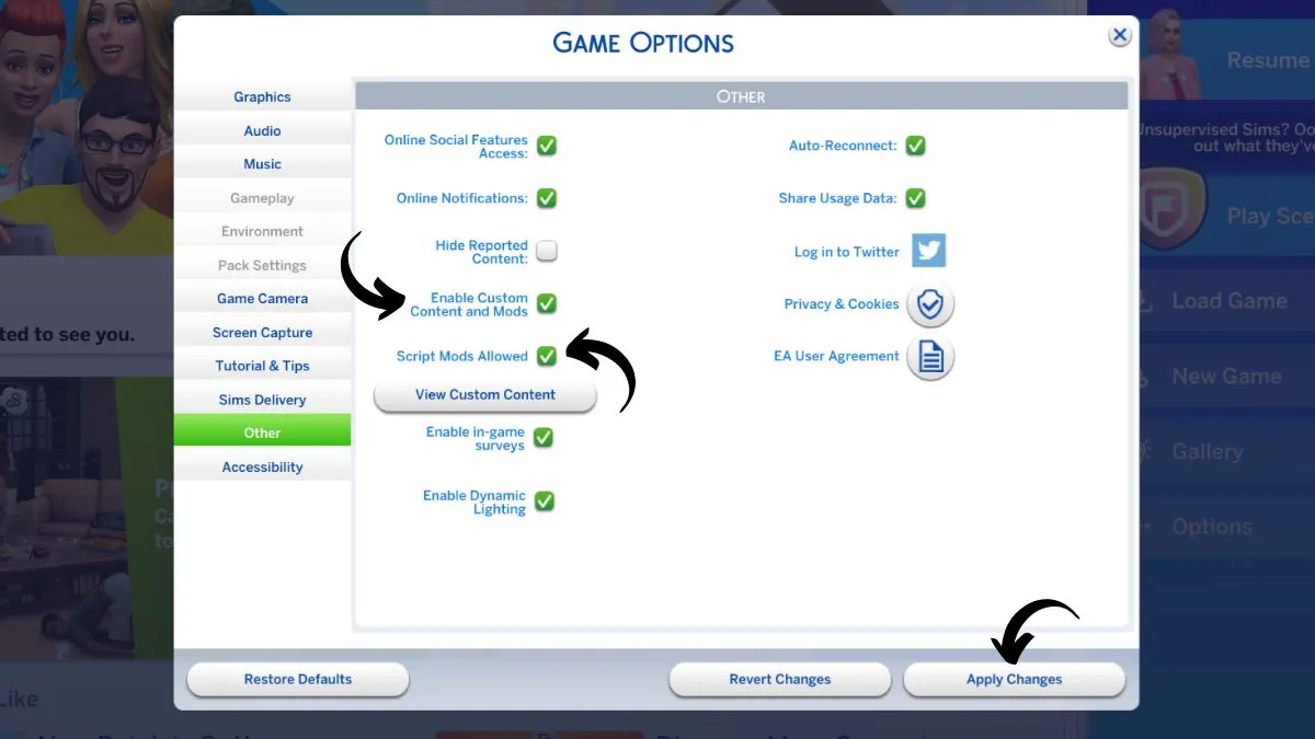 Screenshot showing the Game Options menu, with the settings that need to be enbabled to install MC Command Center and other Sims 4 mods 