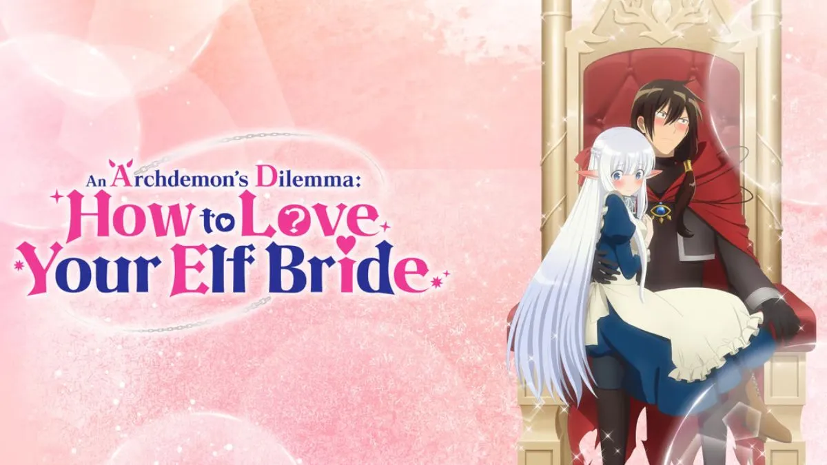 Series banner for How to Love Your Elf bride romance anime, with an elf girl sitting on a man's lap on a throne