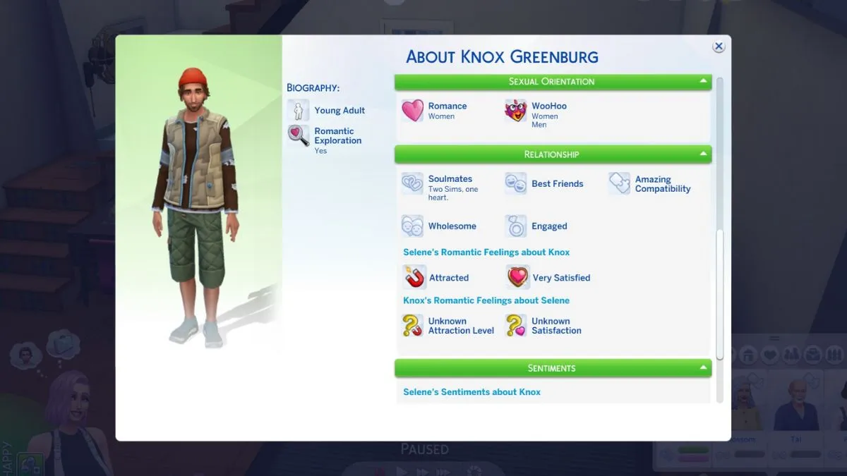 Screenshot showing the Romantic Satisfaction Relationship tab in The Sims 4 Lovestruck