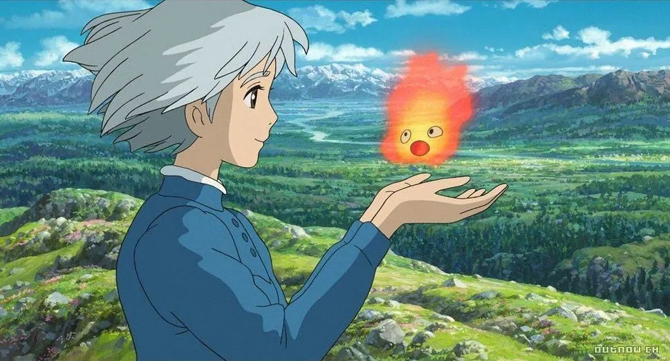 A white haired girl holds up a sentient flame on a mountain top