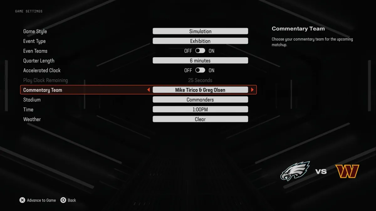 The commentary team slider in Madden 25 as part of an article about all the commentators in Madden 25 and how to change them.