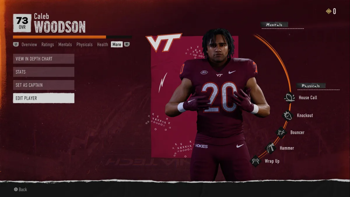 The Edit Player screen in College Football 25 Dynasty Mode.