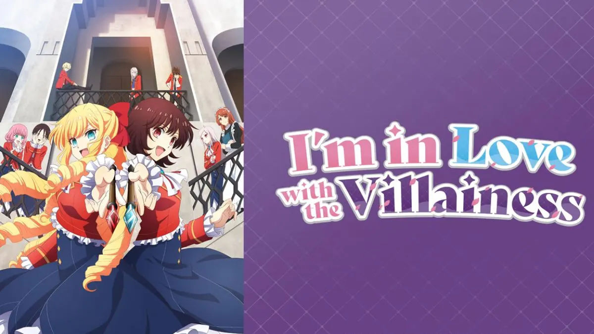 Anime title card for I'm In Love with the Villainess romance anime, featuring the two protagonists standing back to back