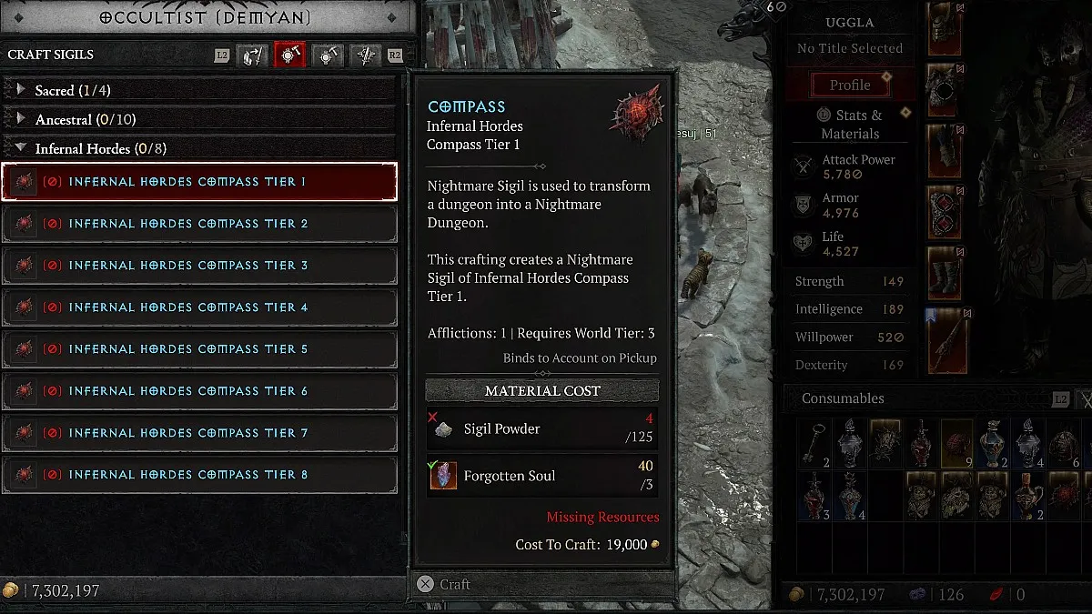 Infernal Compass crafting in Diablo 4., displaying a series of possible Infernal Compass recipes while speaking to Occultist Demyan