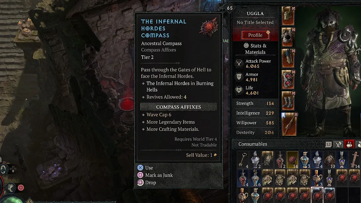 An infernal hordes compass in a character's inventory in Diablo 4.