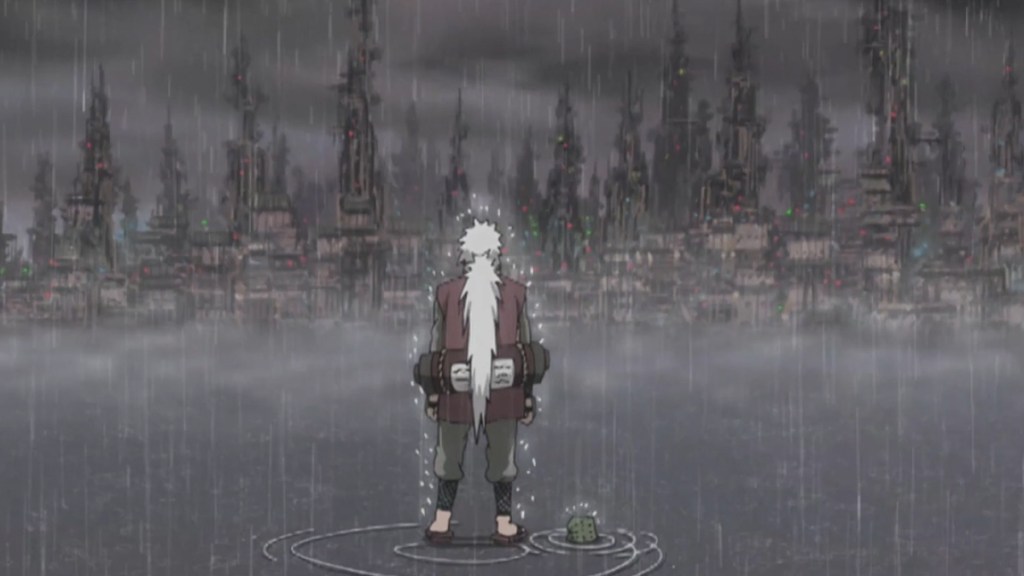 Jiraya arrives at the village hidden in rain