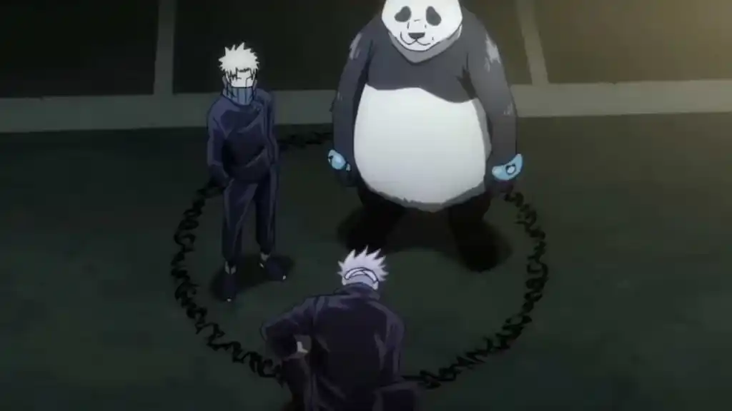 Gojo drawing a circle around Toge and Panda to teleport them in the film Jujutsu Kaisen 0