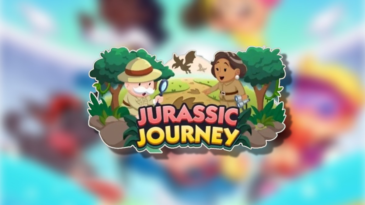 The Jurassic Journey logo on top of a blurred Monopoly GO background in an article detailing all of the rewards and milestones players can receive during this event