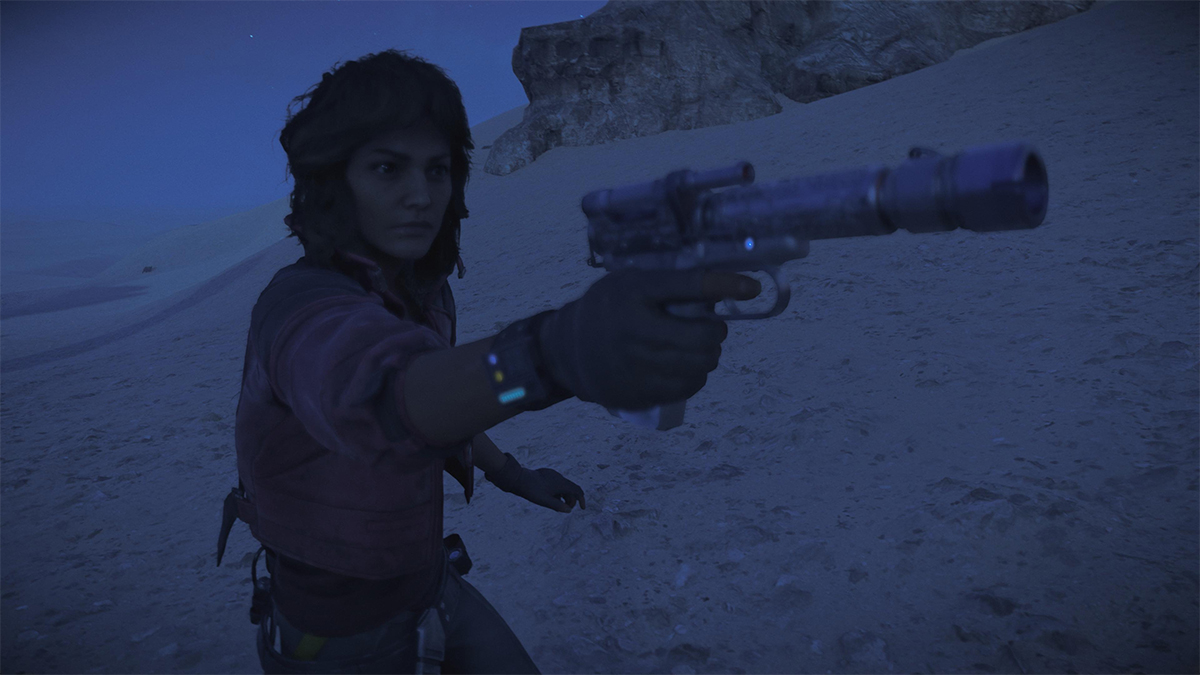 Kay Vess holding blaster in Star Wars Outlaws