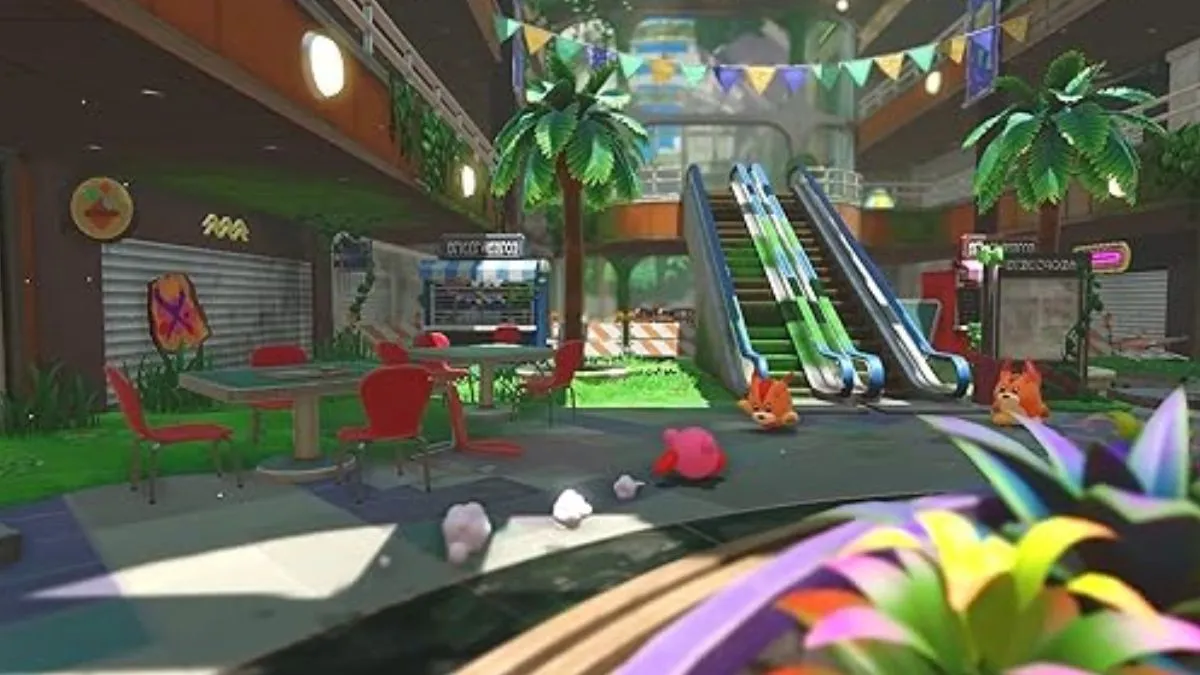 Kirby in an abandoned shopping mall level from Kirby and the Forgotten Land