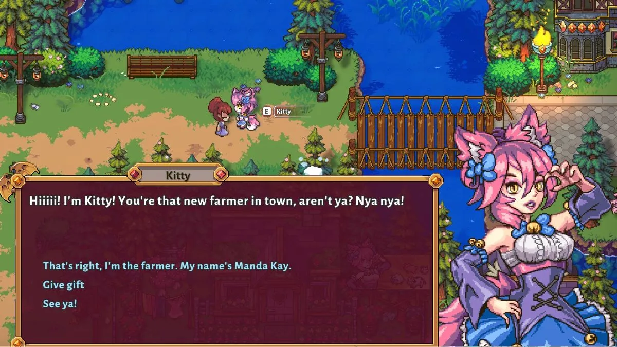 Introductory dialogue from romanceable NPC Kitty in the game Sun Haven