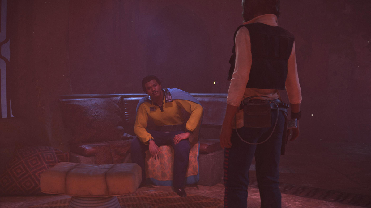 Lando sitting down in Star Wars Outlaws as Kay Vess approaches