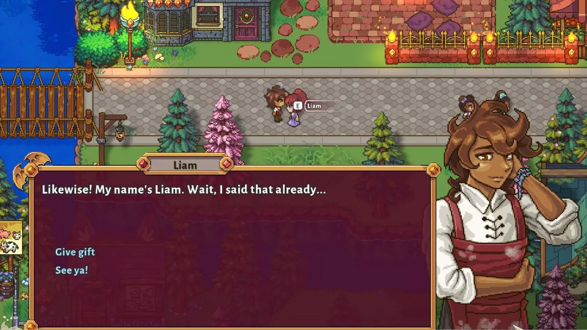 Screenshot of introduction dialogue from the Sun haven romanceable NPC Liam