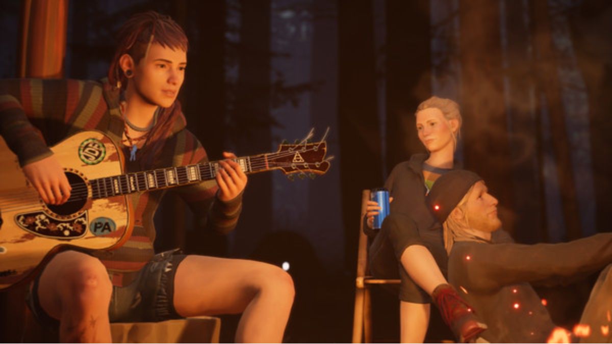 Screenshot from the game Life is Strange 2, showing somenoe playing a guitar while others sit around a campfire and listen