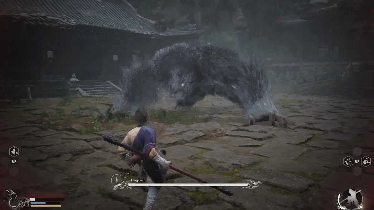 Lingxuzi boss fight in Black Myth: Wukong., with Wukong facing him in the courtyard between temples 