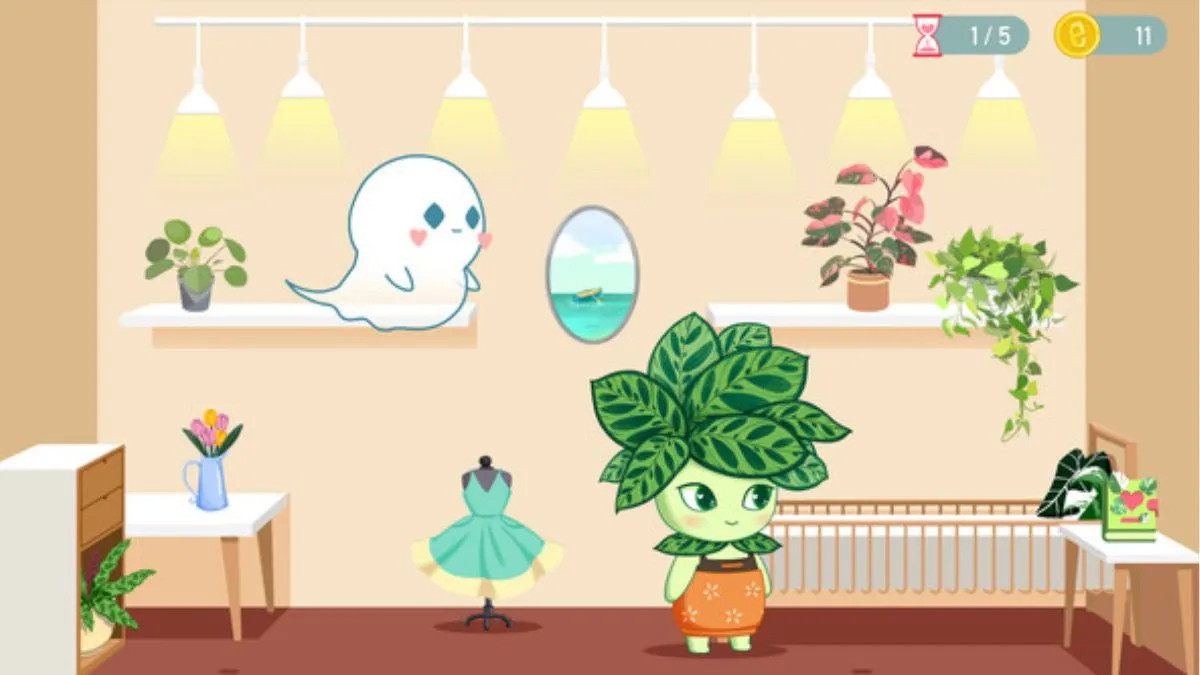 Screenshot from the game Love, Ghostie showing a ghostie and one of the residents