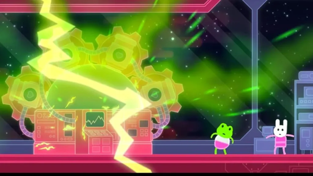 Screenshot from the PS4 version of the co-op game Lovers in a Dangerous Spacetime