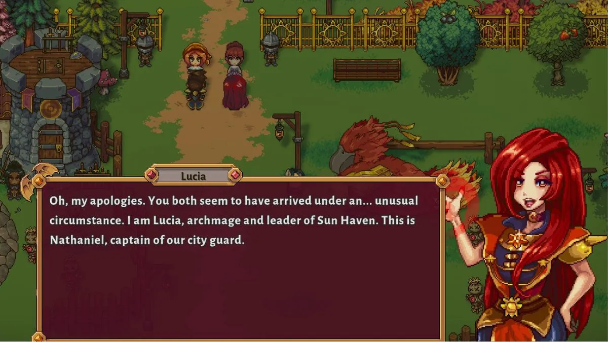 Screenshot showing early game dialogue with Lucia, a romanceable NPC in Sun Haven