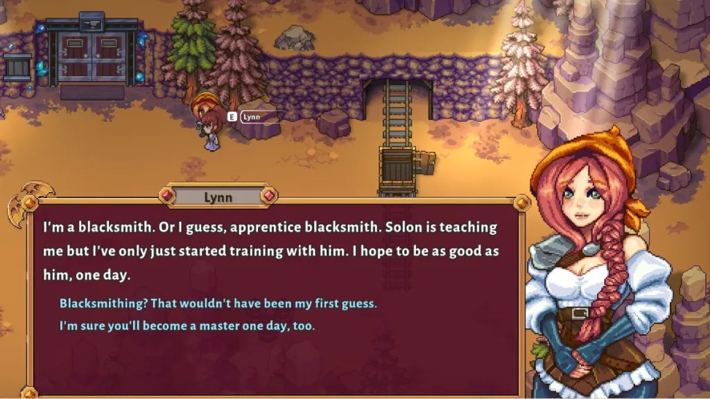 Screenshot of early game dialogue with Lynn, a romanceable NPC in Sun Haven