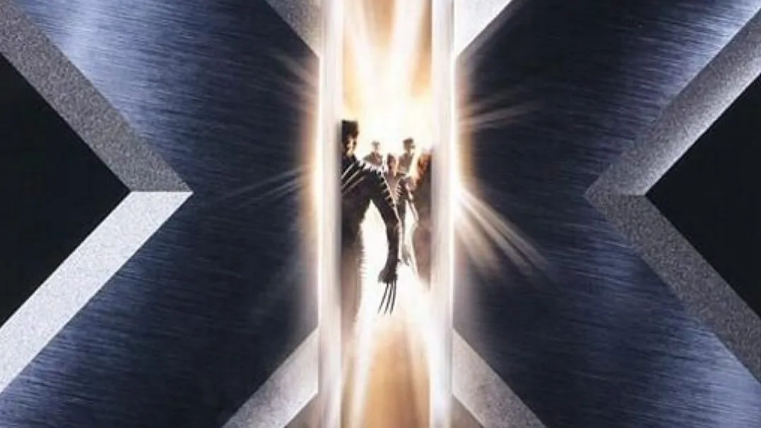 The film poster for X-Men, revealing the cast behind an X vertically splitting apart