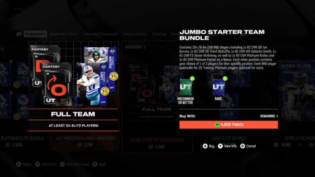 Screenshot of the Jumbo Starter Team Pack in the Madden 25 Ultimate Team Shop