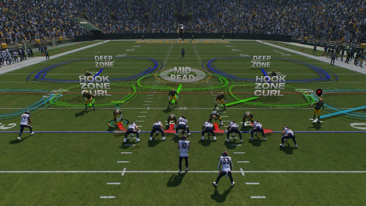 A photo of Madden NFL 25 with Denver Broncos on Defense and Green Bay Packers on Offense when talking about all of the different modes available in a review of the game