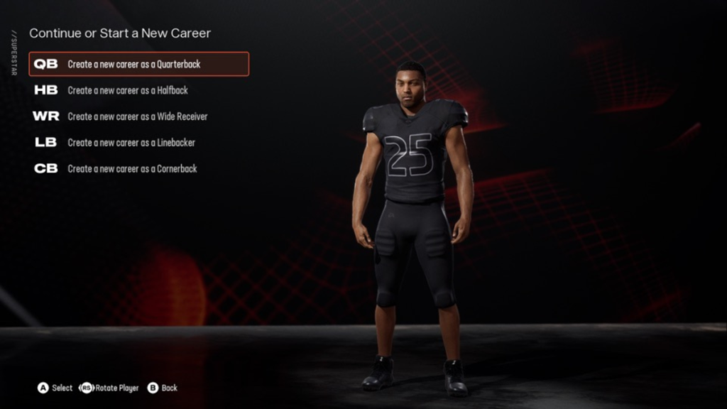 The player selection screen in Madden NFL 25 Superstar mode as part of an article about the best Archetypes to choose.