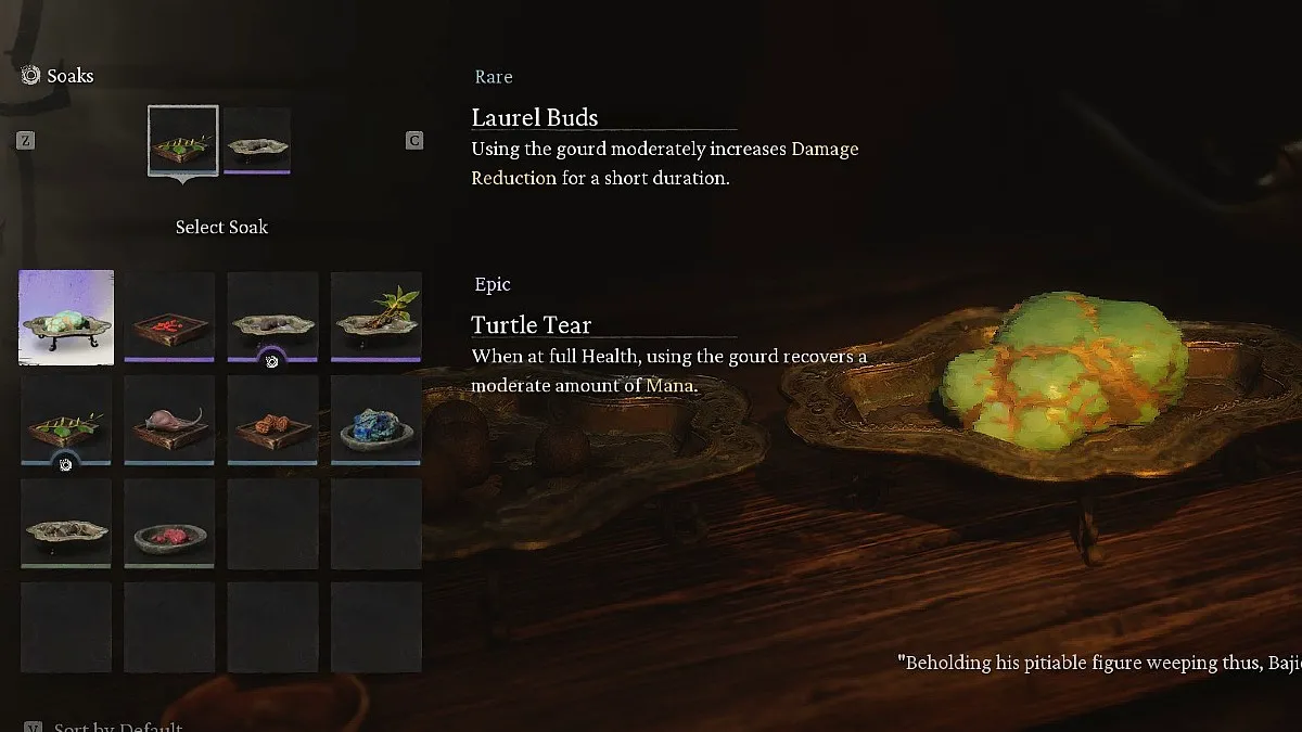 Turtle Tear in Black Myth: Wukong, featuring a green stone on a bras plate on a table in the Soaks menu