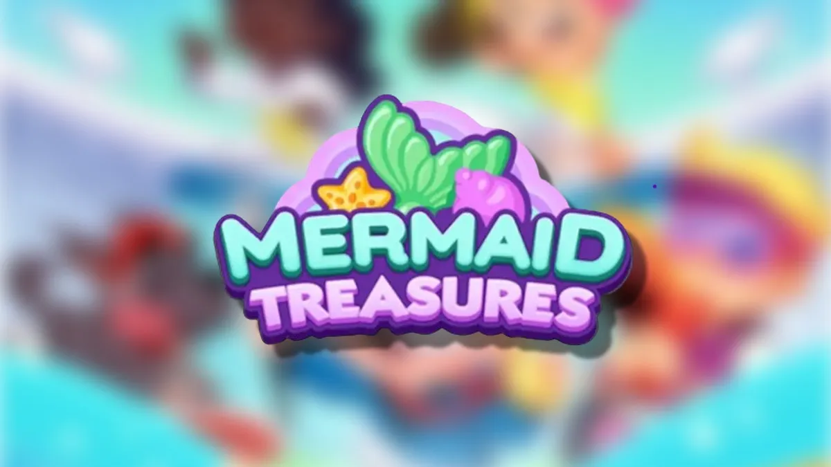 The Mermaid Treasures logo on top of a blurred Monopoly GO background in an article detailing what you can earn during this event