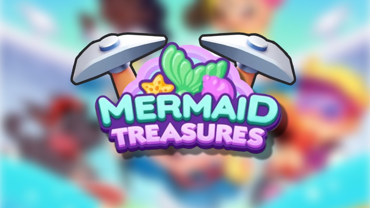 The Mermaid Treasures logo with two pickaxes behind it on top of a blurred Monopoly GO background in an article detailing how to get more pickaxes during this event