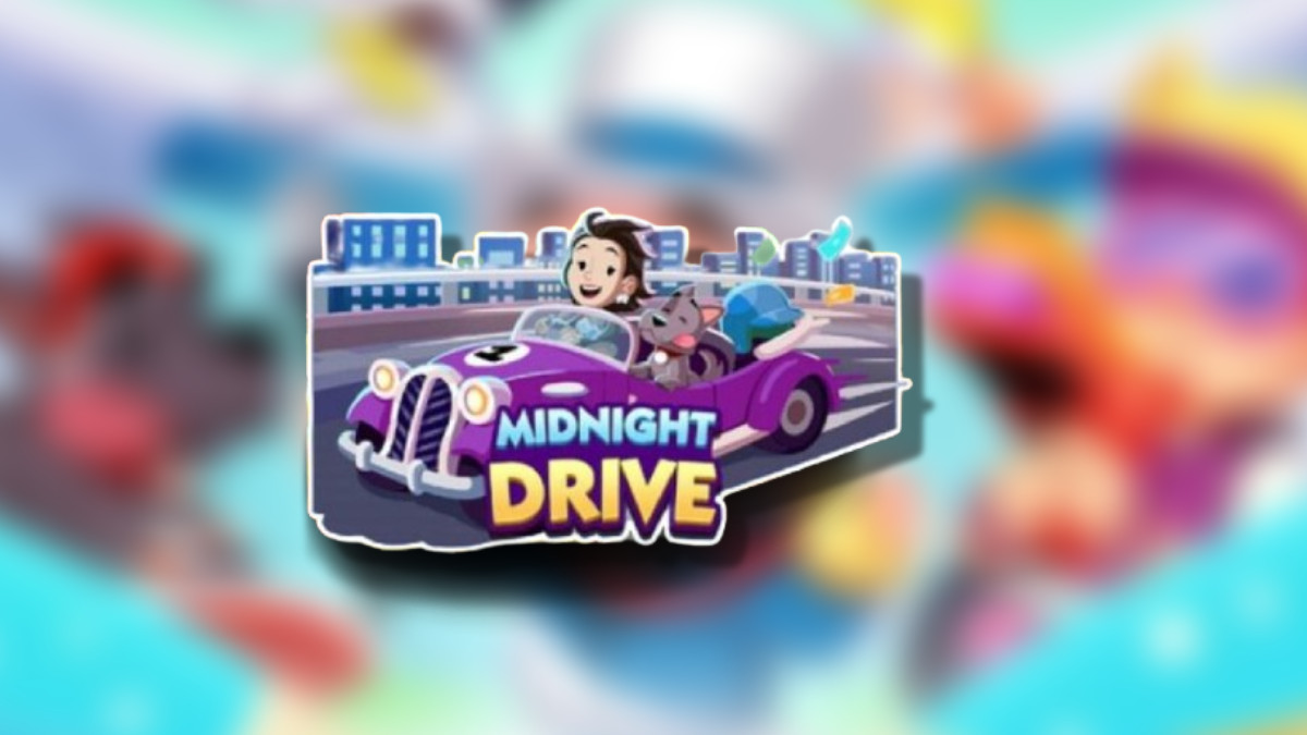 The Monopoly GO Midnight Drive logo on top of a blurred Monopoly GO background in an article detailing how to earn rewards and complete milestones