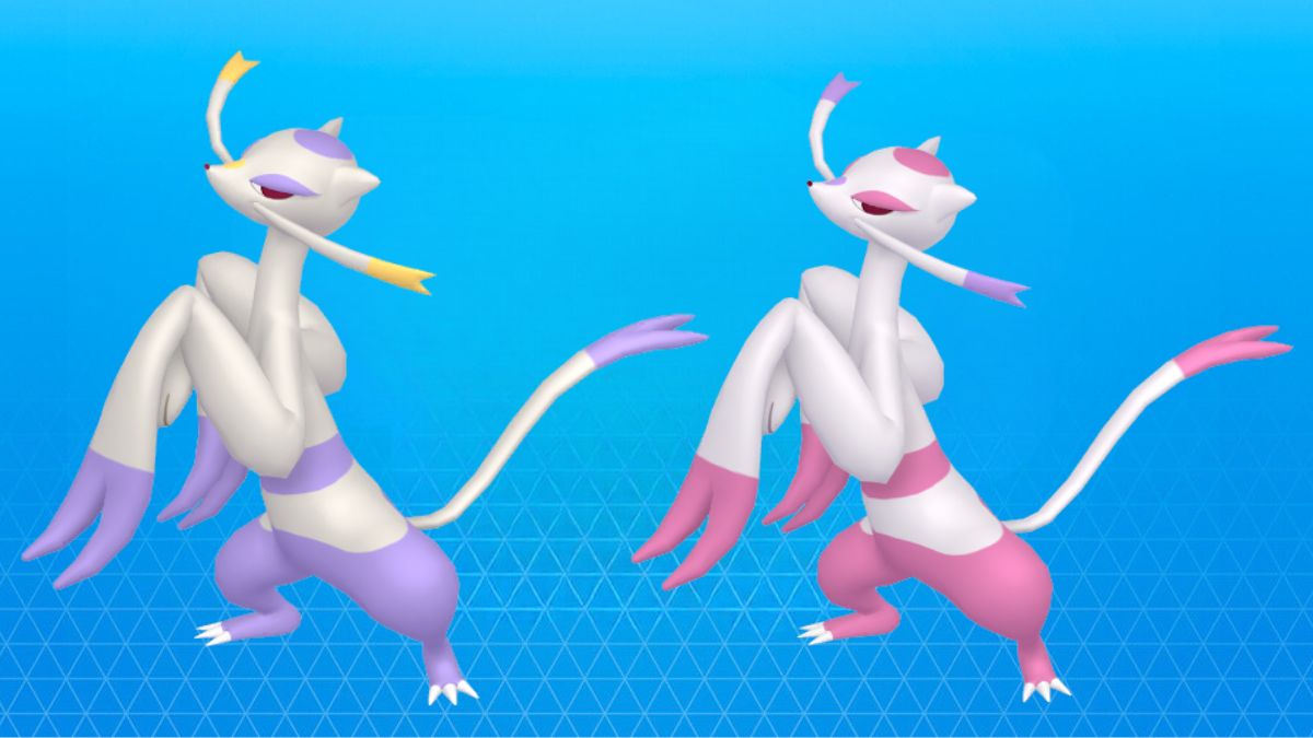 Mienshao and Shiny Mienshao posing on a blue background in Pokemon GO