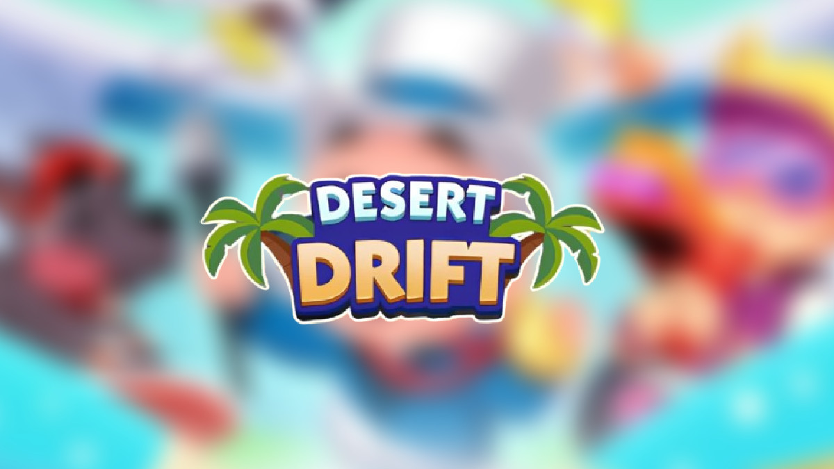 Monopoly GO Desert Drift logo on top of a blurred Monopoly GO background headlining an article detailing the rewards and milestones during this tournament