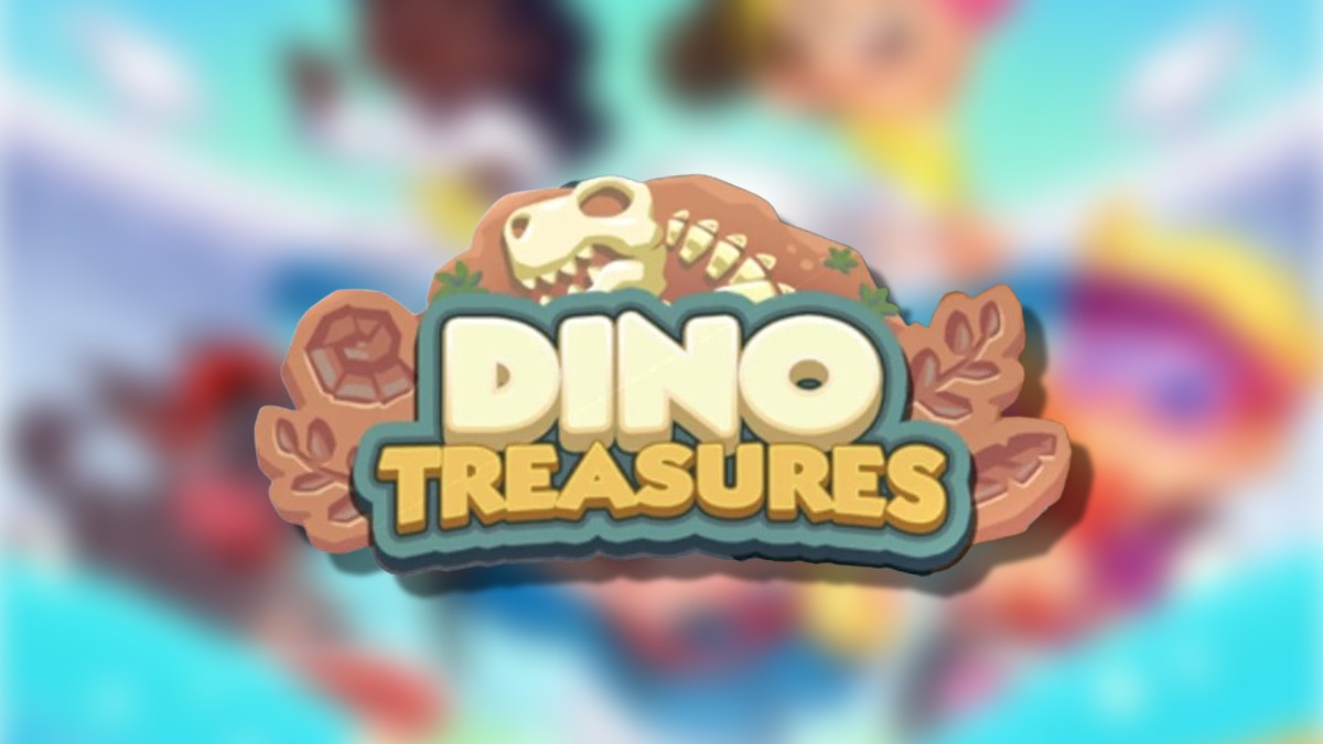 The Monopoly GO Dino Treasures logo on top of a blurred Monopoly GO background in an article detailing all of the rewards and milestones in this event