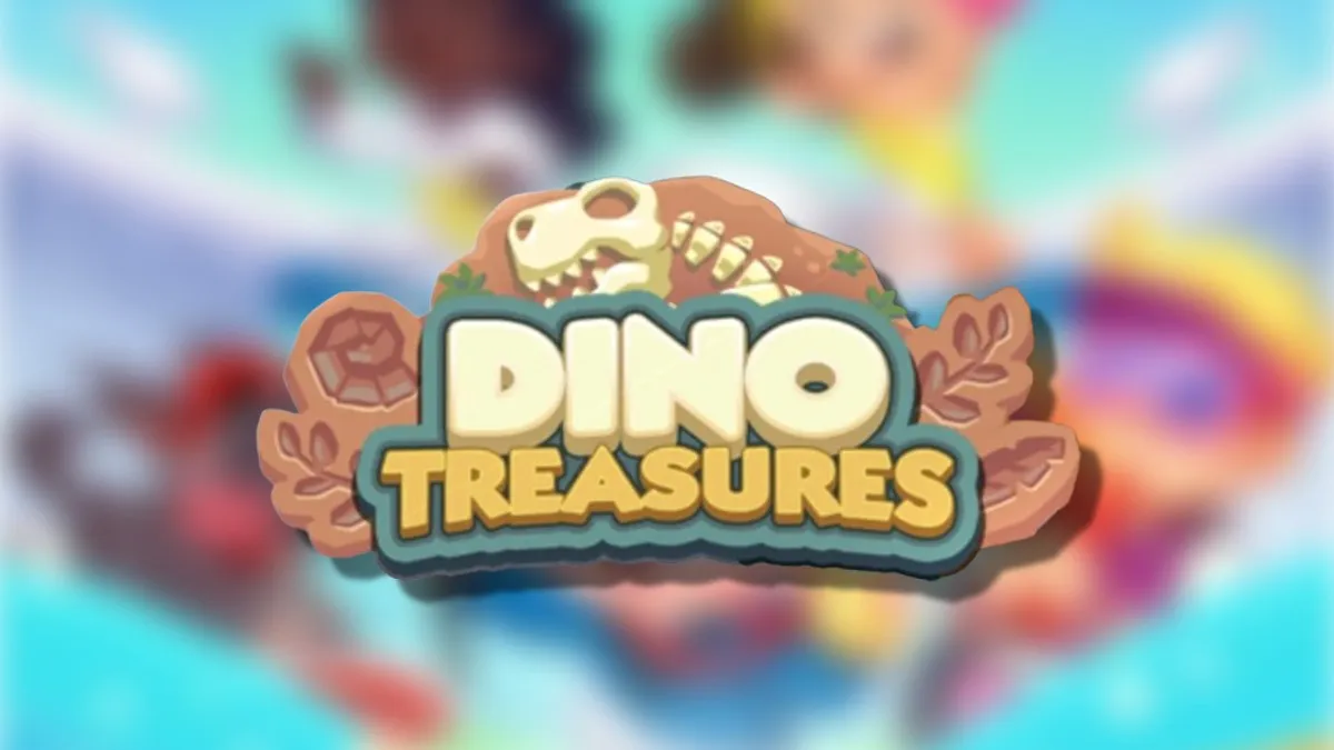 The Monopoly GO Dino Treasures logo on top of a blurred Monopoly GO background 