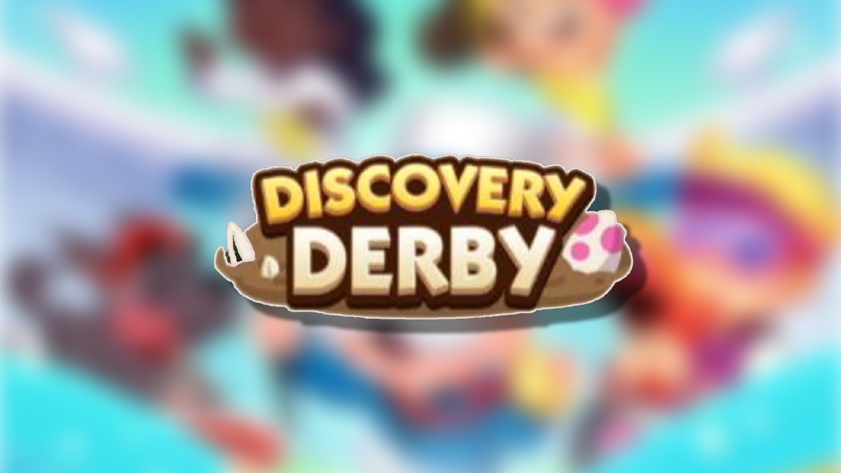 The Discovery Derby logo on top of a blurred Monopoly GO background in an article detailing all of the rewards and milestones players can earn in this tournament