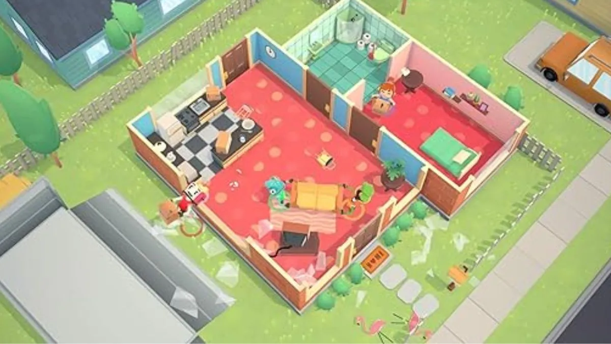 Screenshot of gameplay in Moving Out where two characters try to correctly place a couch