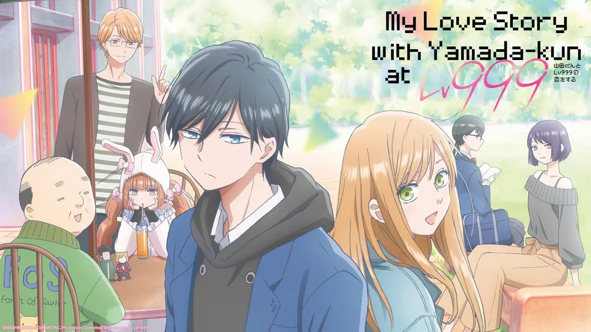 Promotional banner for the anime My Love Story with Yamada-kun at Lv. 999, featuring the two main characters in the foreground