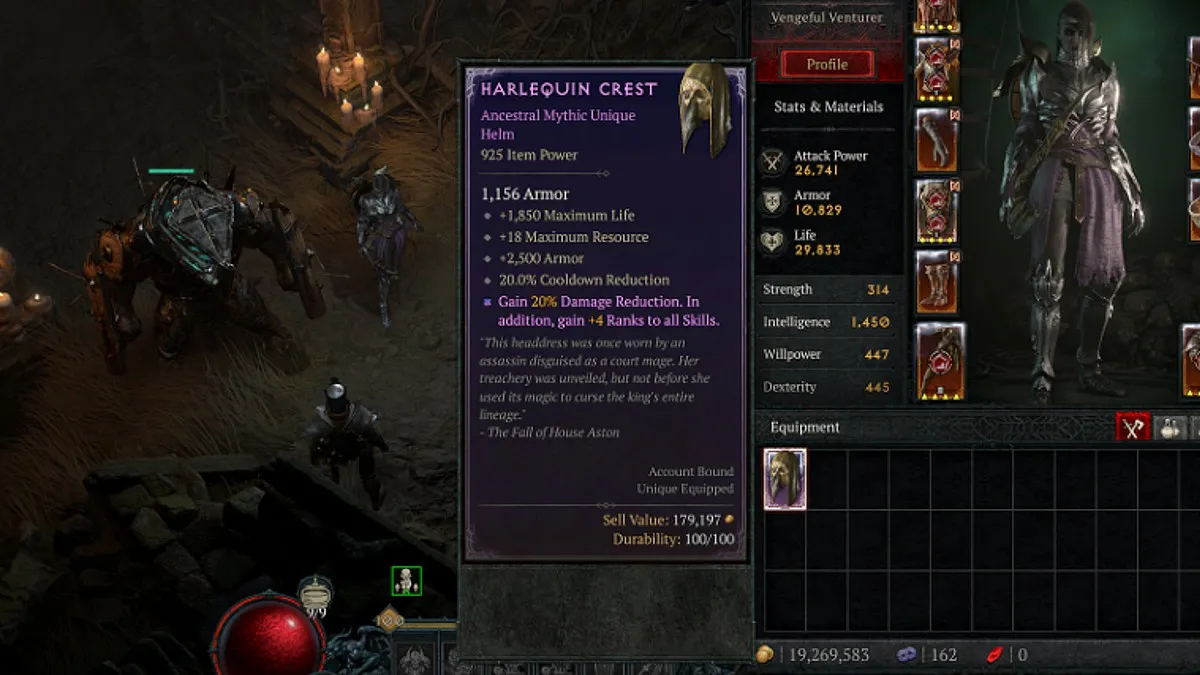 Mythic Unique Harlequin Crest in Diablo 4.