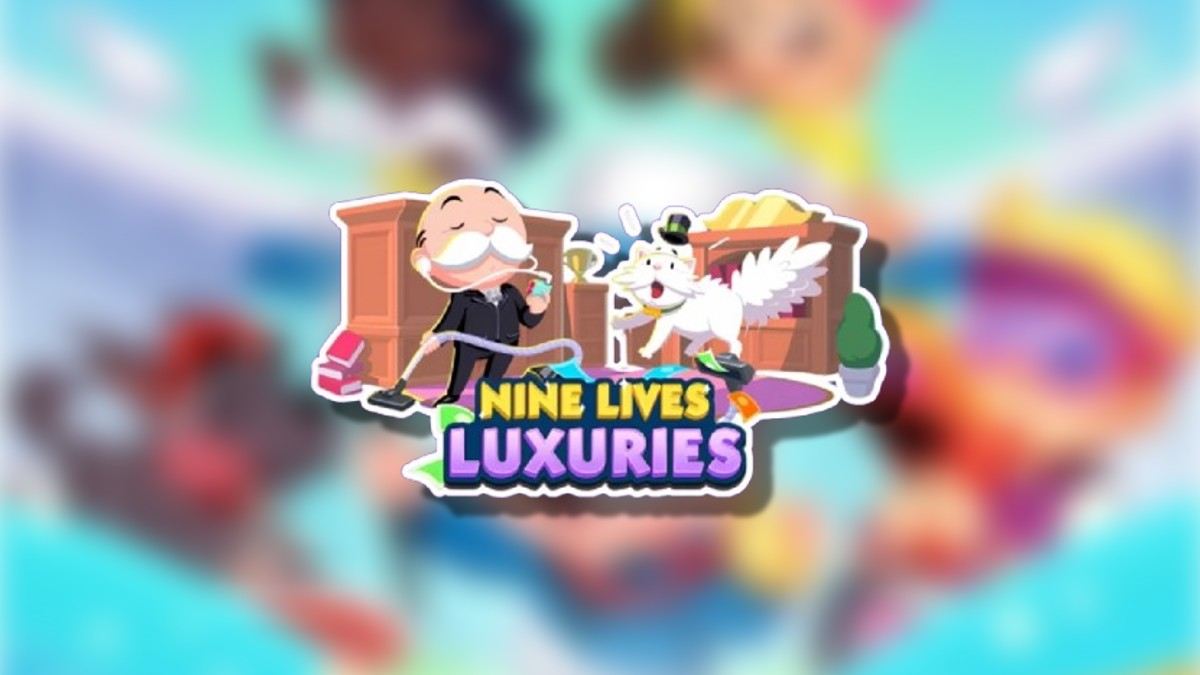 A photo of the Nine Lives Luxuries event in Monopoly GO on top of a blurred Monopoly GO background detailing all of the rewards and milestones during the event