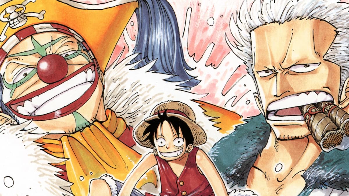 The cover art for the Loguetown arc of the One Piece manga, depicting Buggy, Luffy, and Smoker