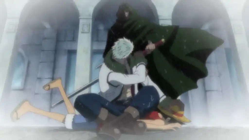 Luffy being saved by a stranger from Smoker in Loguetown