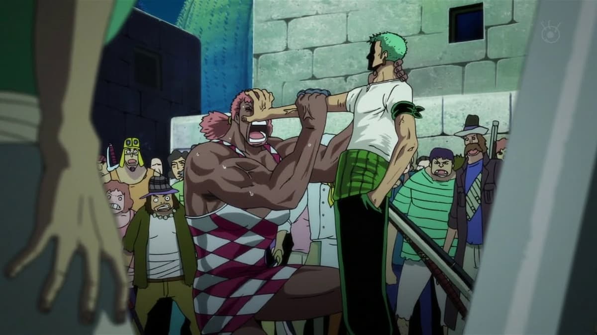 Zoro fighting off the bounty hunters of Whiskey Peak in the One Piece anime