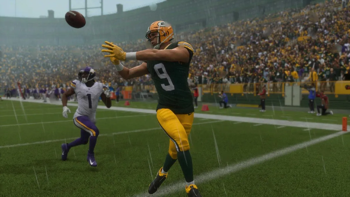 A photo of a receiver on the Green Bay Packers catching a ball in the endzone while facing off against the Minnesota Vikings in Madden NFL 25 in a review of the game