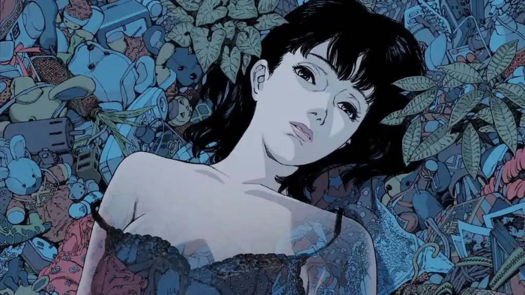 A woman lies on a pile of junk with ferns growing through it, her body fading in anime movie Perfect Blue