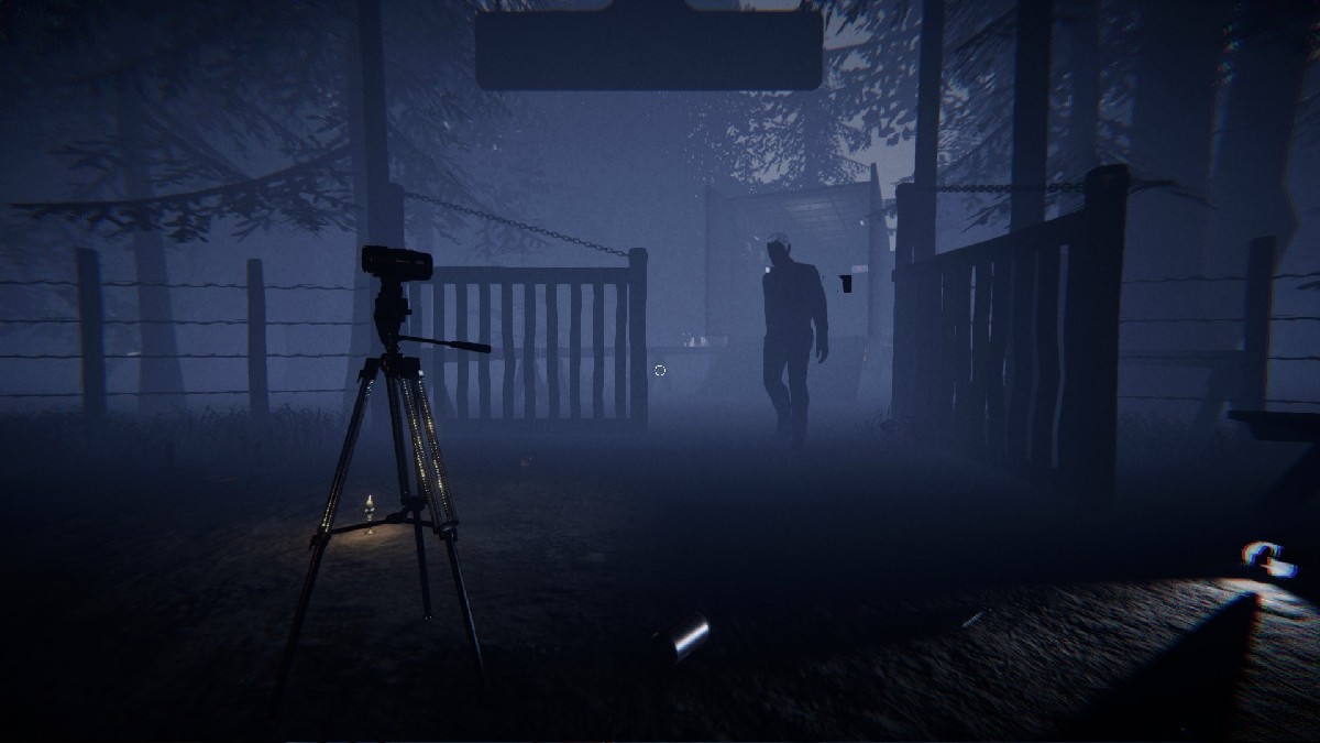 Image of a man standing at an open gate at night in Phasmophobia, a forest  behind him