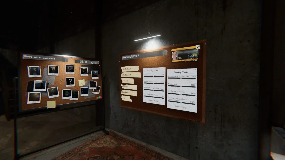 A photo of the different boards available in Phasmophobia, with the boards hanging on two adjacent walls with a light cast on them