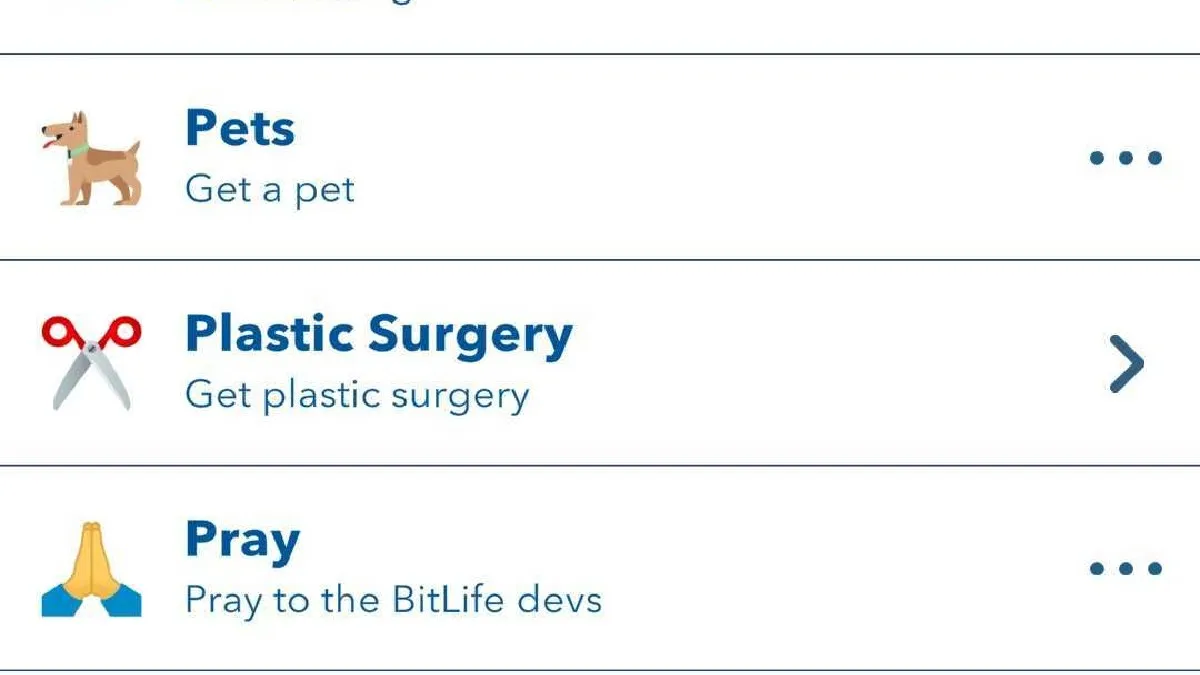 An image showing how to get plastic surgery in BitLife during the Love Isle/Isle of Love challenge