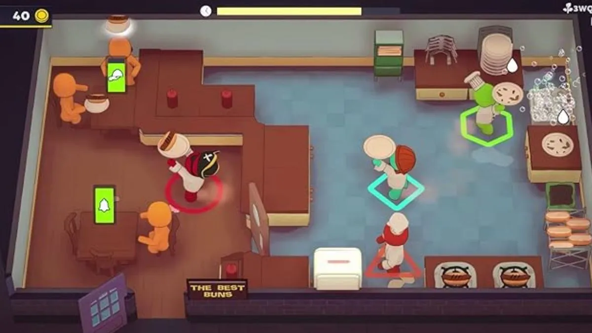 Screenshot showing gameplay for Plate Up Multiplayer Mode in a kitchen with several plates